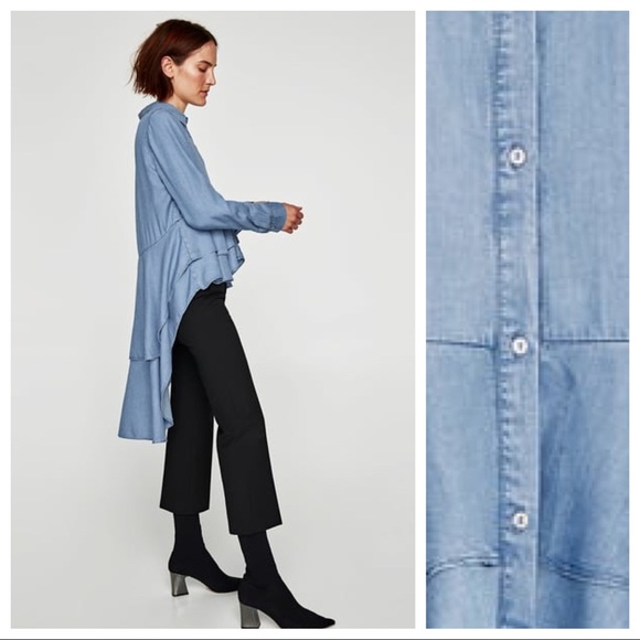 NWT Zara Blue Washed Denim Longline Shirt Size S - Picture 2 of 8